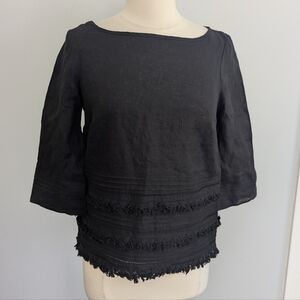 Black Olathe Blouse Linen Shirt Fringe Top